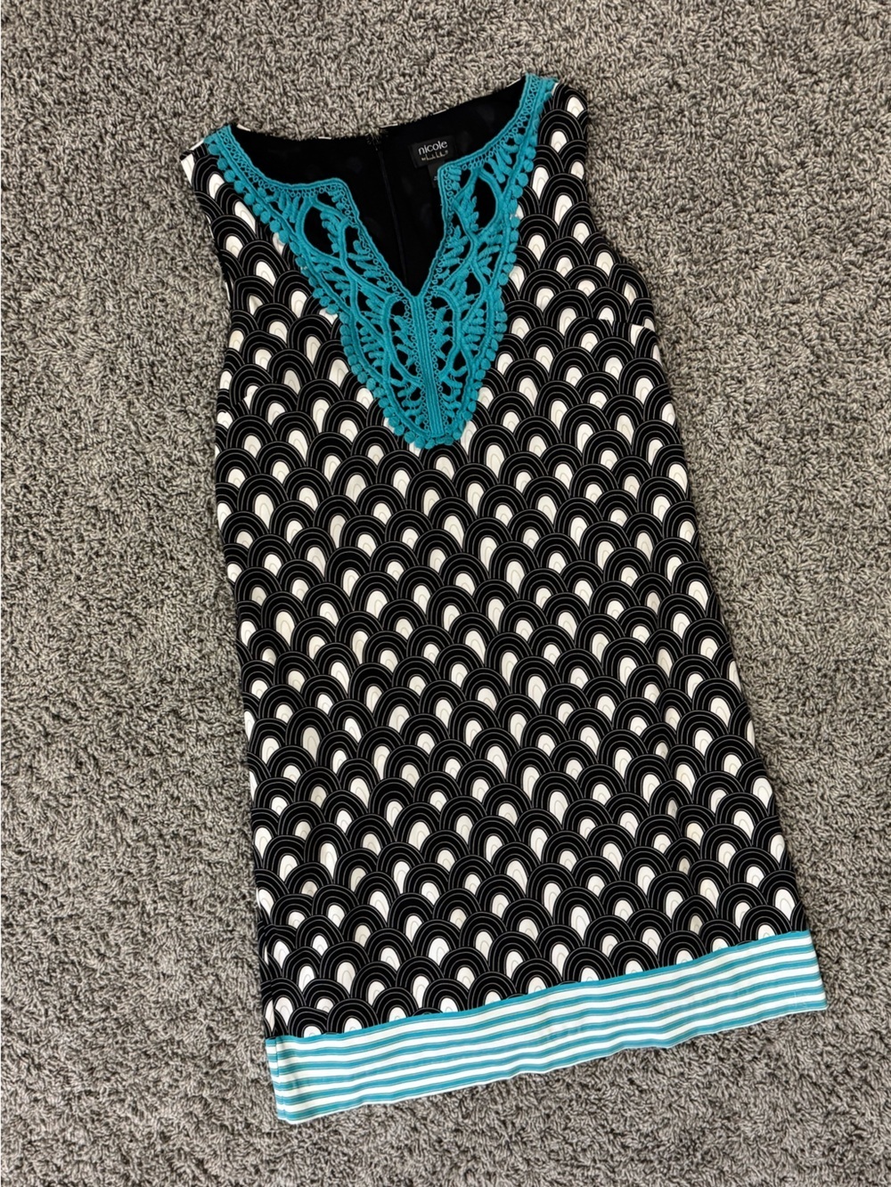 Nicole Miller Black Dress with Teal Crochet Trim